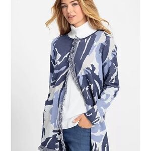 [Olsen] Henny Reg. Fit Blue Camo and Fringe Lightweight Knit Cardigan Women XS